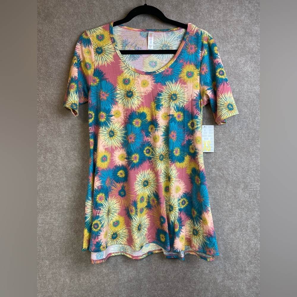LuLaRoe Perfect T Size XXS NWT Pink Blue Yellow Short Sleeve Side Slits
